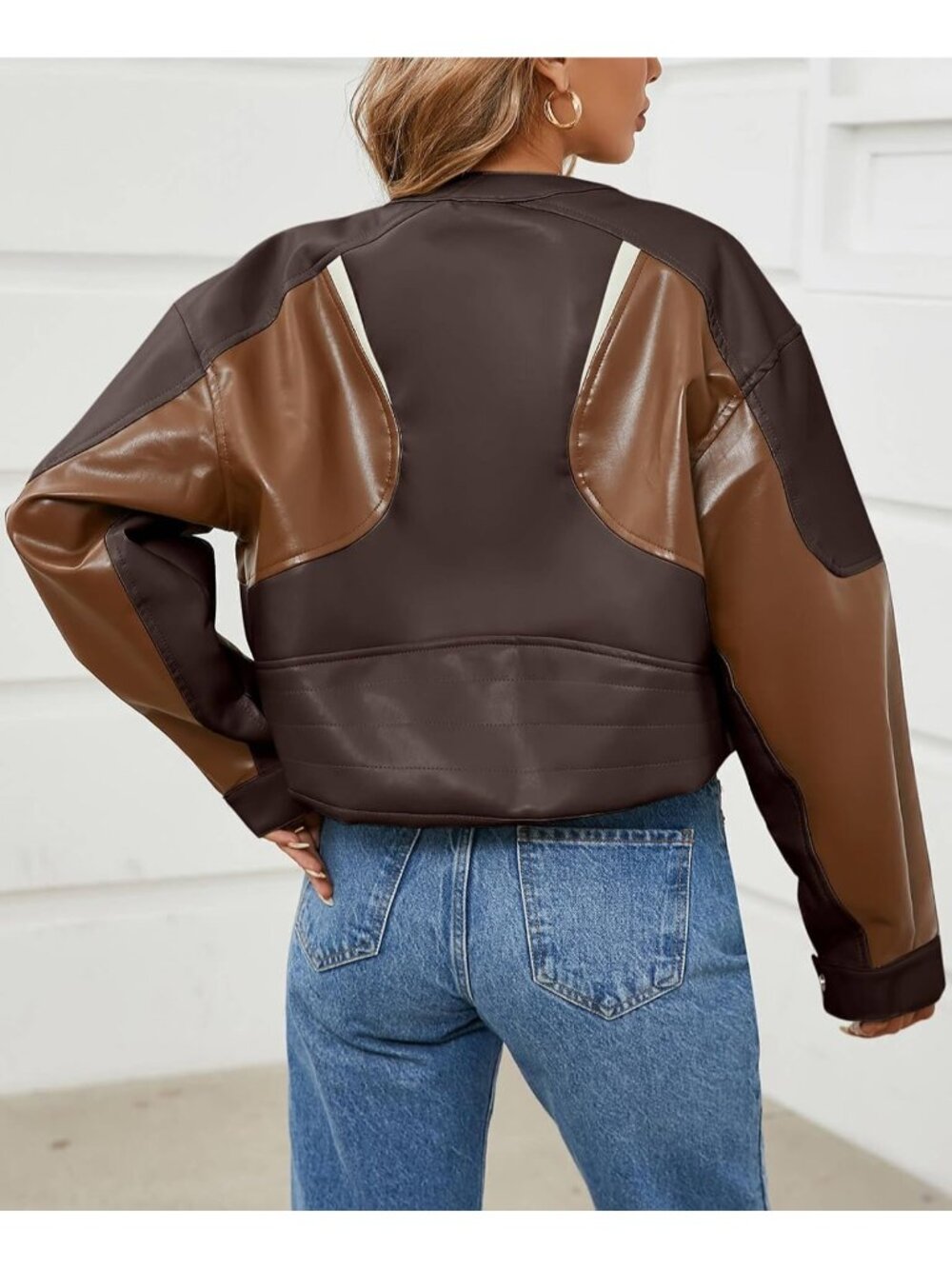 Women's Dark Brown Color Block Faux Leather Cropped Bomber Moto Biker Jacket - Picture 5 of 5